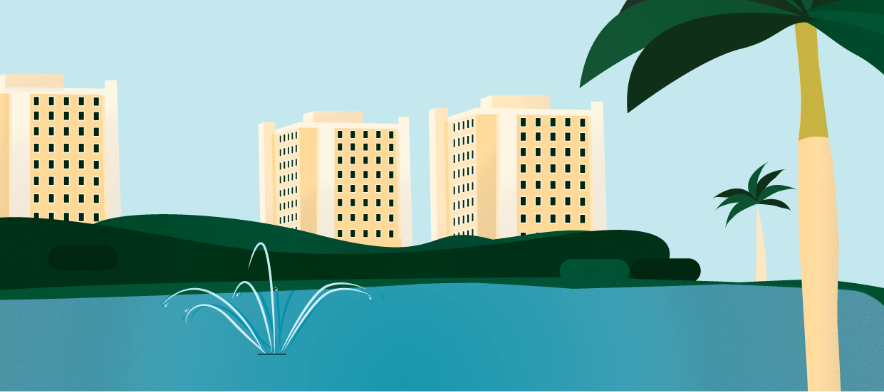 illustration of stanford residential college with lake and palm tree in foreground